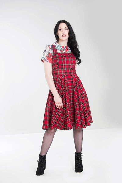 Hell Bunny Irvine tartan pinafore dress front modeled