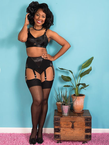 What Katie Did vintage seamed black stockings modeled