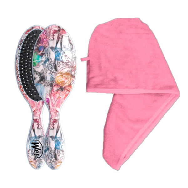 detangle brush and pink towel set