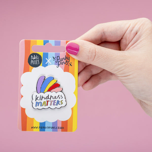 kindness matters rainbow pin Punky Pins NZ on backing card