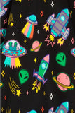 UFOs, aliens, rockets, planets, stars on UFO print Lady Vintage dress
